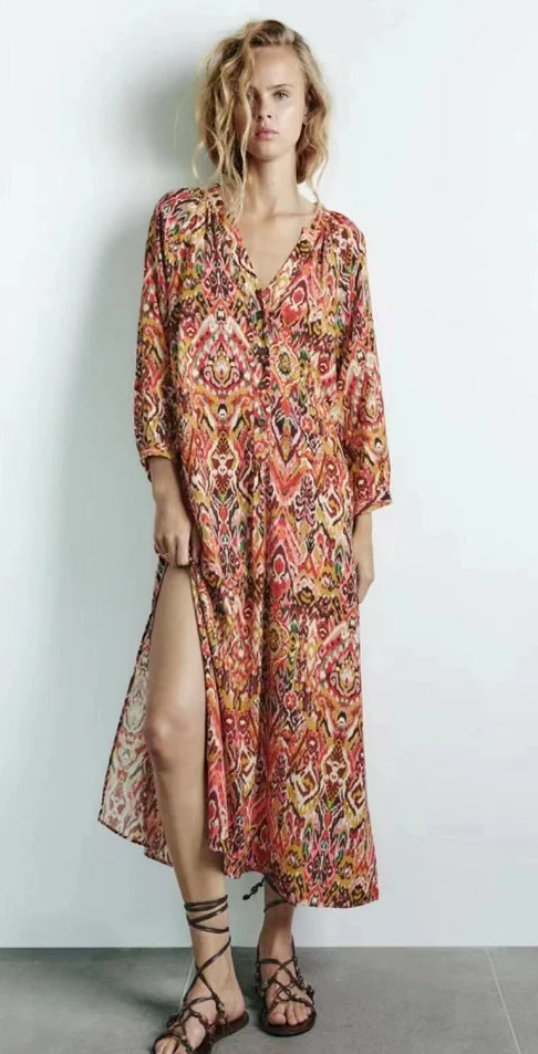 

Женское платье с цветочным принтом, длинное повседневное свободное платье с V-образным вырезом, новинка 2022