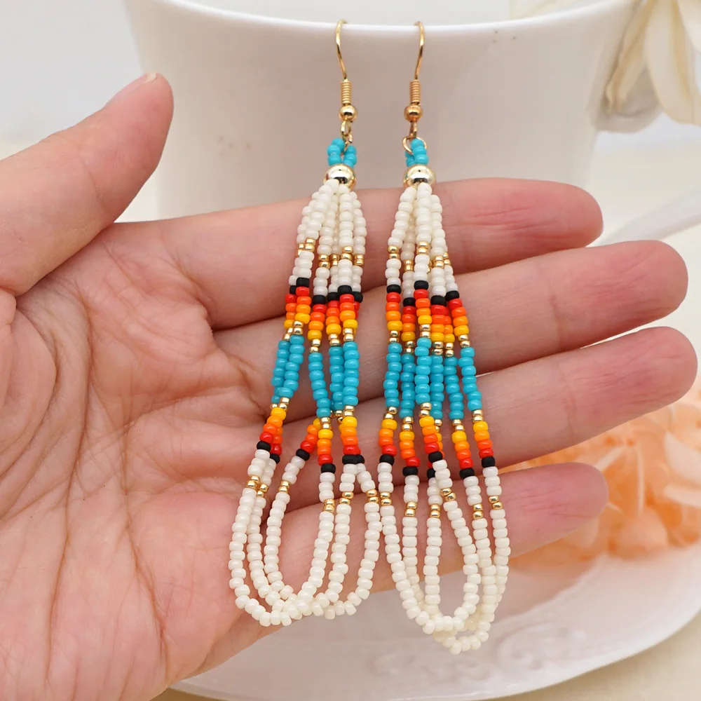 

Vintage Beaded South American Ethnic Style Earrings Miyuki Rice Beads Woven Long Tassel Earrings for Women