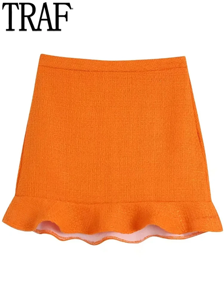 

TRAF Ruffle Short Skirts Woman Orange High Waist Skirt Women Fashion 2022 Textured Vintage Mini Skirt Sets Elegant Summer Skirts