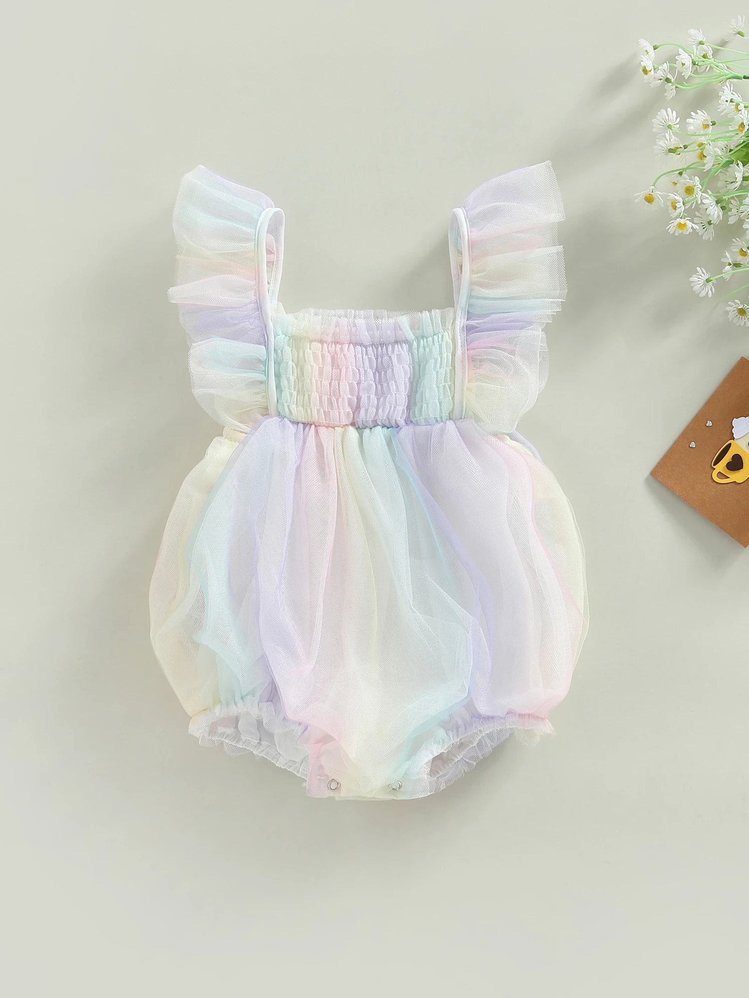 

Baby Girls Tulle Bubble Romper with Floral Embroidery and Ruffle Detailing Boho Chic Infant Outfit for a Stylish Look