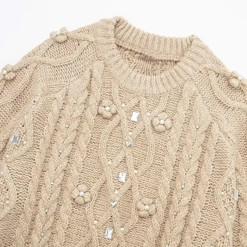 TRAF осень-зима женский вязаный свитер со стразами 2024 с длинными рукавами пуловеры