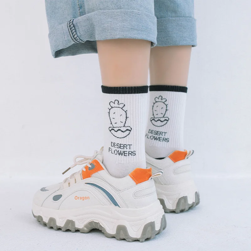 3 Pairs/Box Simple Letter Cactus Stockings Cotton Harajuku Black White Smile Soft Fashion Funny Long Men Women Socks Gifts Pack