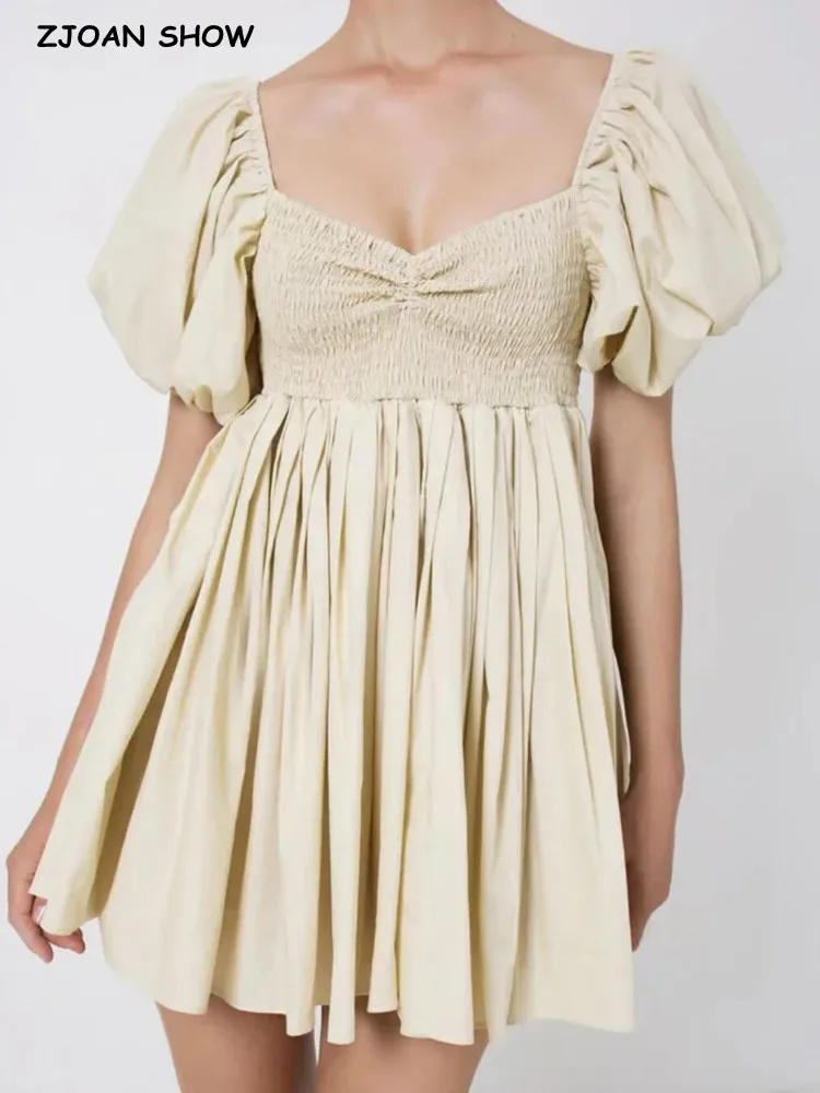 

Женское платье с пышными рукавами, эластичное короткое бежевое платье принцессы в стиле ретро с пышным воротником, оборками на груди, 2022