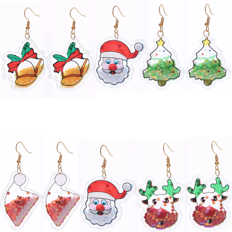 

Cute Transparent Elk Santa Claus Drop Earrings for Women Colorful Stars Quicksand Christmas Tree Sock Hat Bell Ear Dangle Bijoux