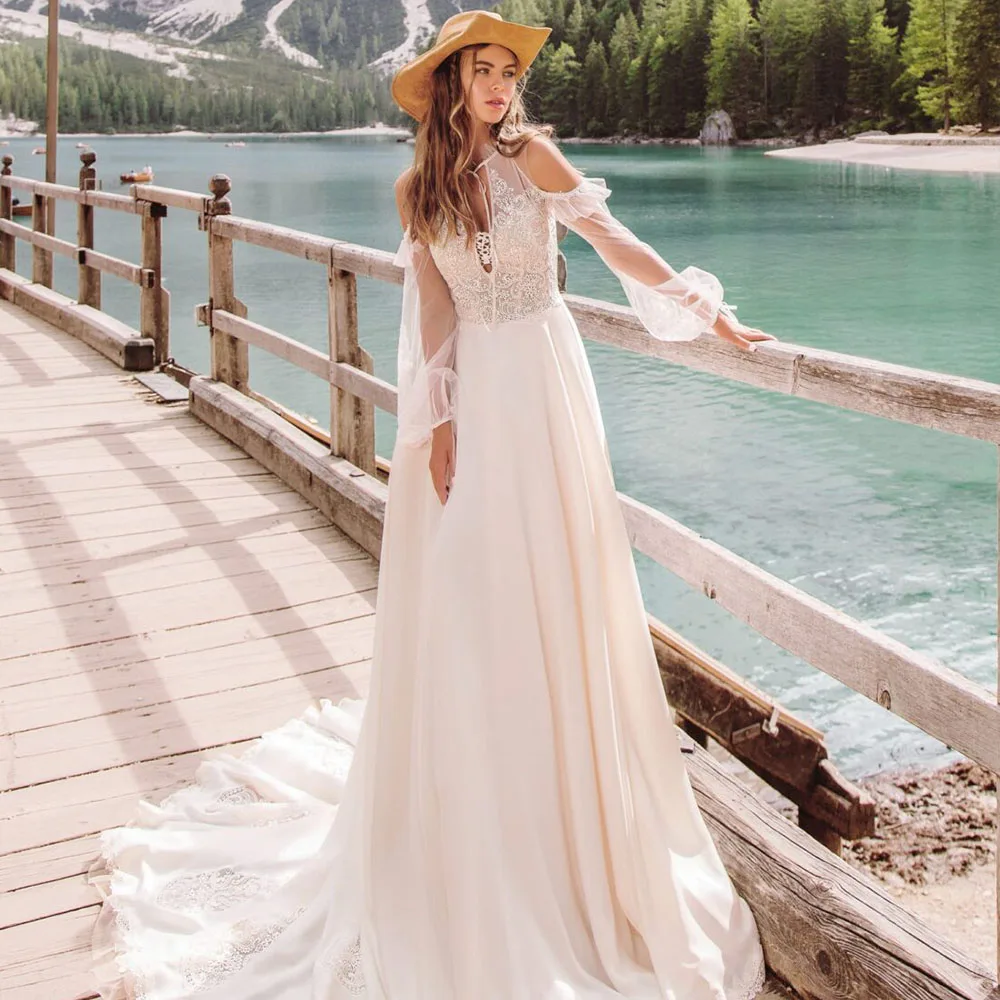 

Платье Свадебное шифоновое с круглым вырезом, длинными рукавами-фонариками и застежкой-молнией сзади