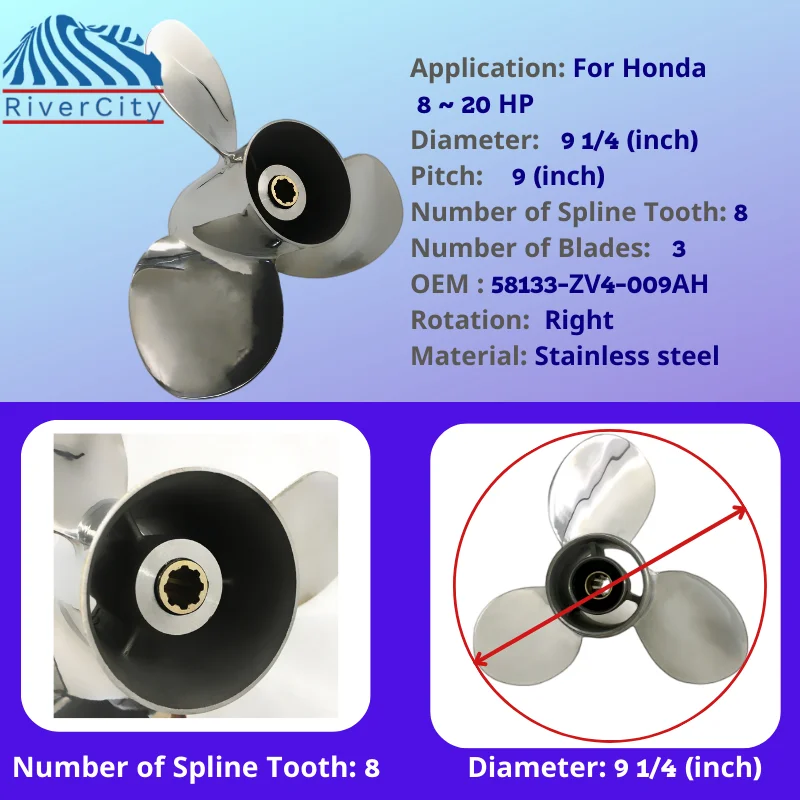 Подвесной гребной винт для Honda 8HP 9 9HP 15HP 20HP 1/4x9 из нержавеющей стали лодки 3 лопасти