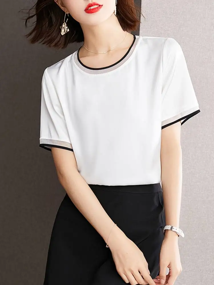 

Элегантные блузки VONDA, туника, женские модные летние рубашки 2023, Лоскутные Топы с коротким рукавом и круглым вырезом, женские блузки