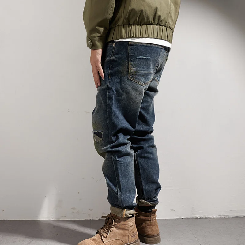 Heavy industry washing used oil stained jeans men's medium waist straight tube micro elastic patch pants