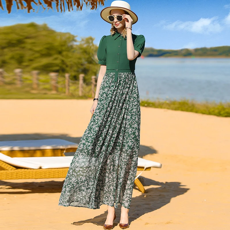 

Летнее платье-карандаш с принтом, платье в стиле пэчворк с коротким рукавом, на пуговицах, с отложным воротником для девушек, женское платье в пляжном стиле, женское вечернее платье