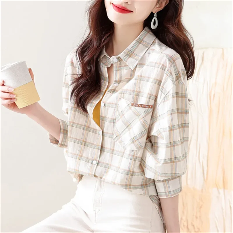 Простая блузка женская рубашка с длинным рукавом клетчатый топ из хлопковой