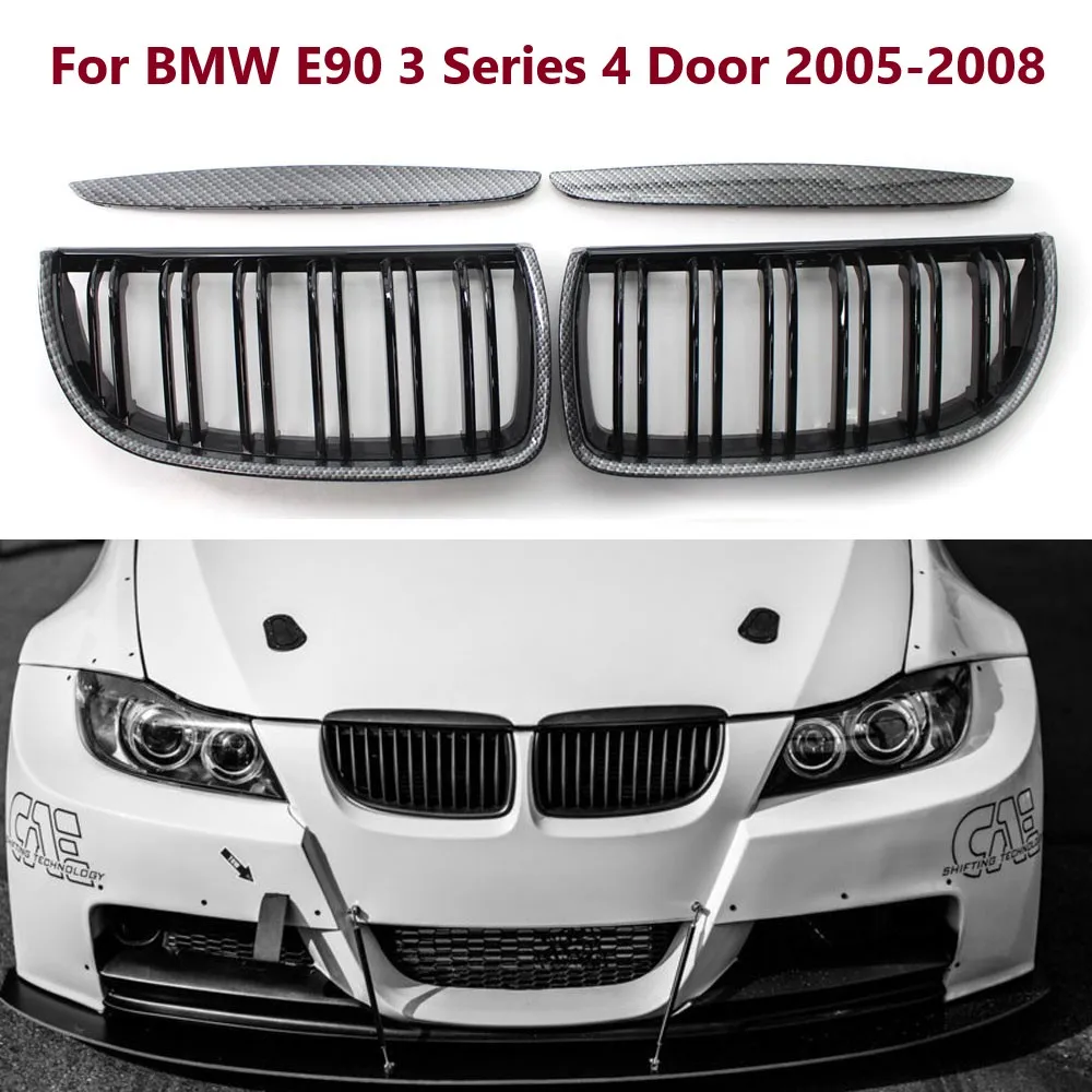1Pair Carbon Fibre Look Car Front Kidney Grille Grill Hood Eyelids For BMW E90 4-Doors 320i 323i 328i 335i Sedan/Wagon 2005-2008