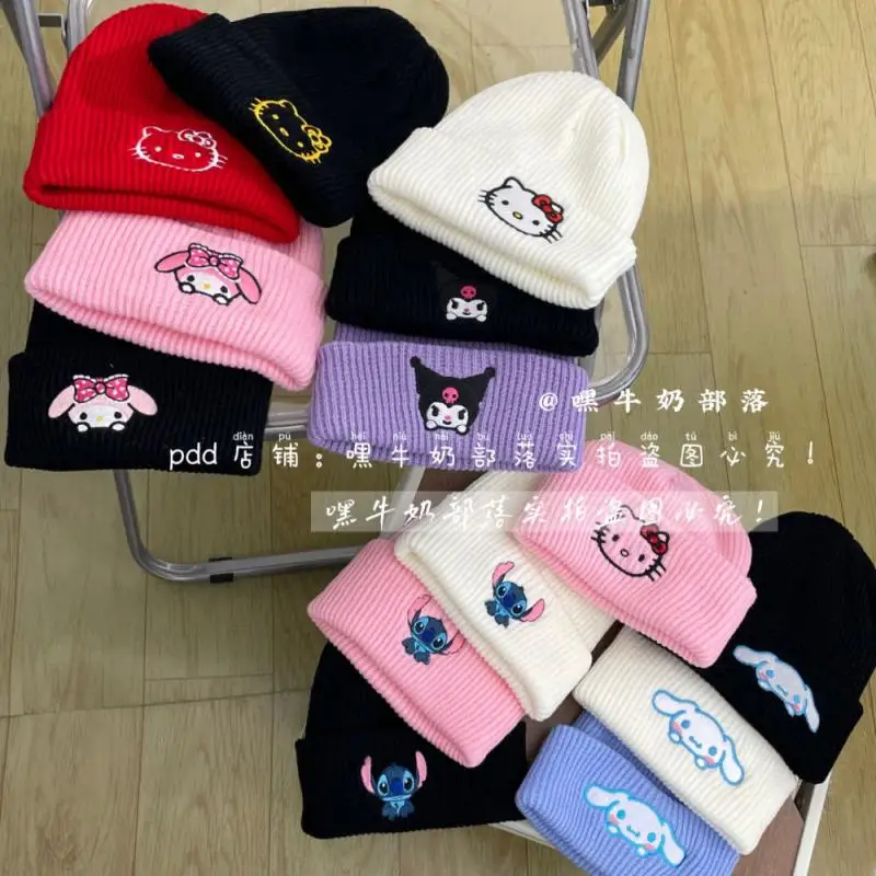 Sanrio Kawaii Hellokitty My Melody Kuromi Cinnamoroll Stitch Hat Knitted Student Cartoon Birthday Gift Girlfriend Girl