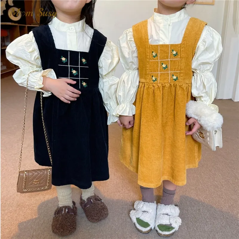 

Baby Girl Cotton Corduroy Suspender Embroidery Dress Autumn Spring Winter Child Cotton Strap Skirt Outfit Baby Clothes 1-10Y