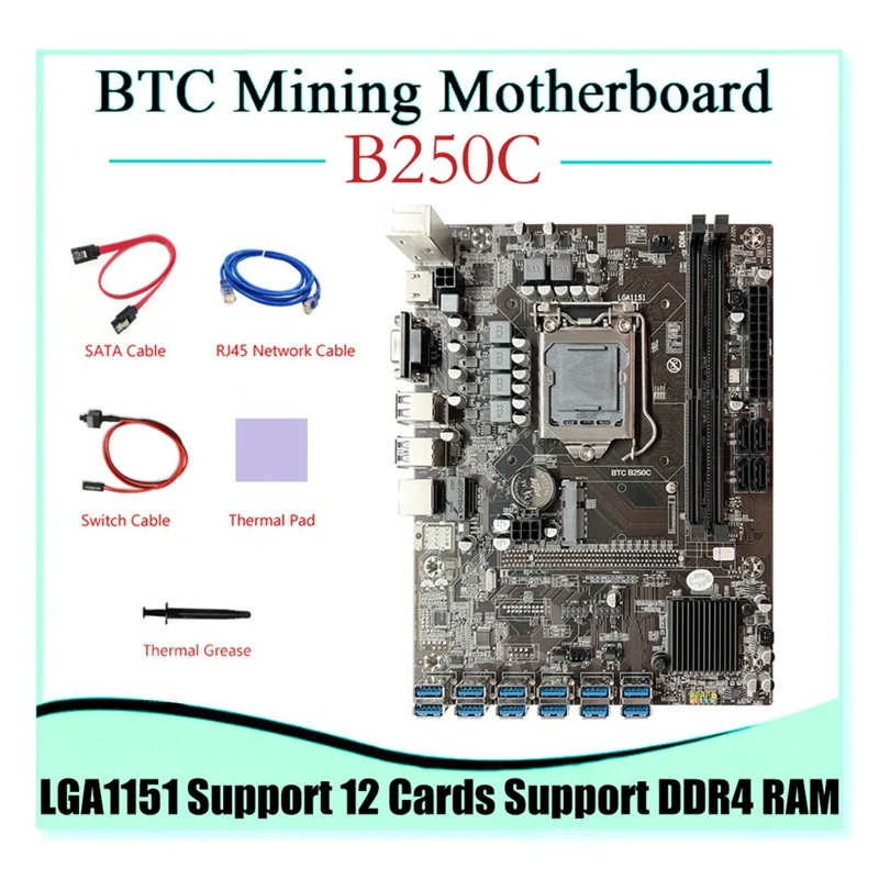 

Материнская плата B250C для майнинга BTC, 12XPCIE в разъем USB 3,0, SATA кабель + коммутационный кабель + сетевой кабель RJ45 LGA1151, поддерживает ОЗУ DDR4