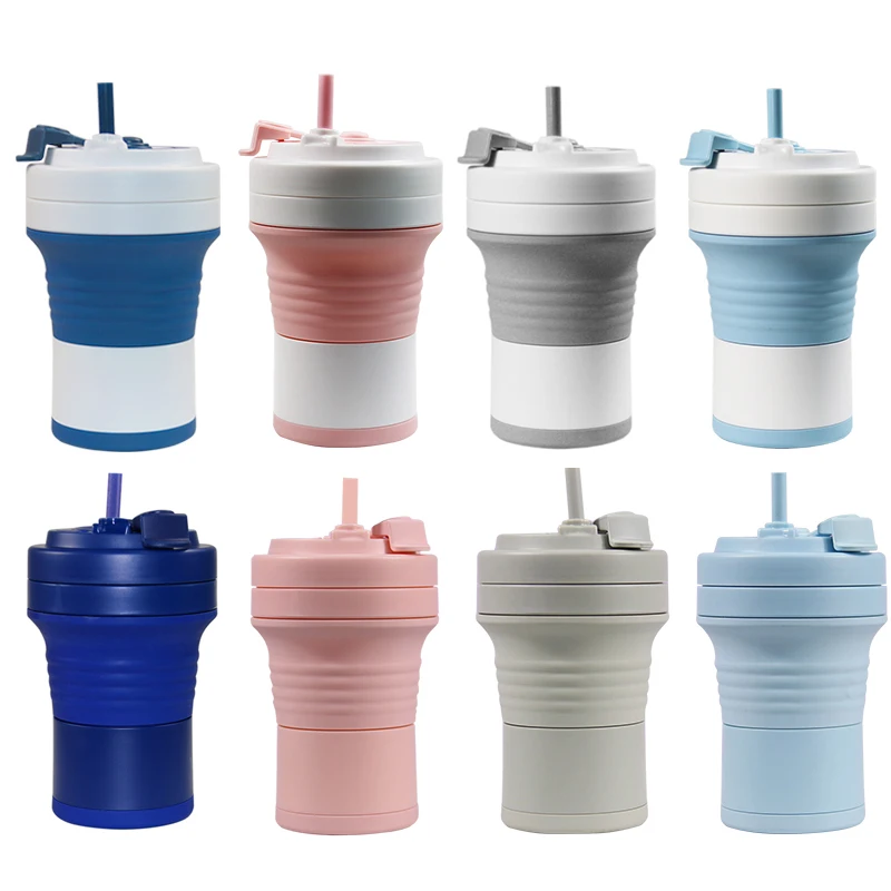 

550ML Food Grade Silicone Folding Cup Coffee Cups With Straw BPA FREE Water Cup Outdoor Camping Hiking Foldable Water Bottles