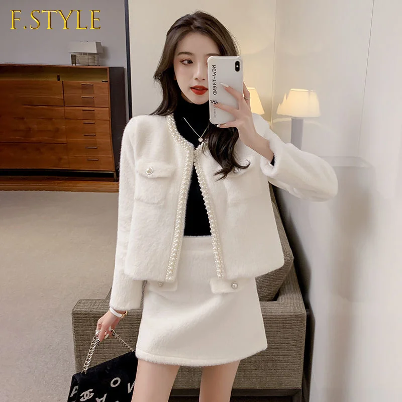 Elegant Korean Temperament Beaded Pearl Jacket Coat High Waist A-line Skirt Imitation Mink Velvet Winter Warm Two-piece Suit
