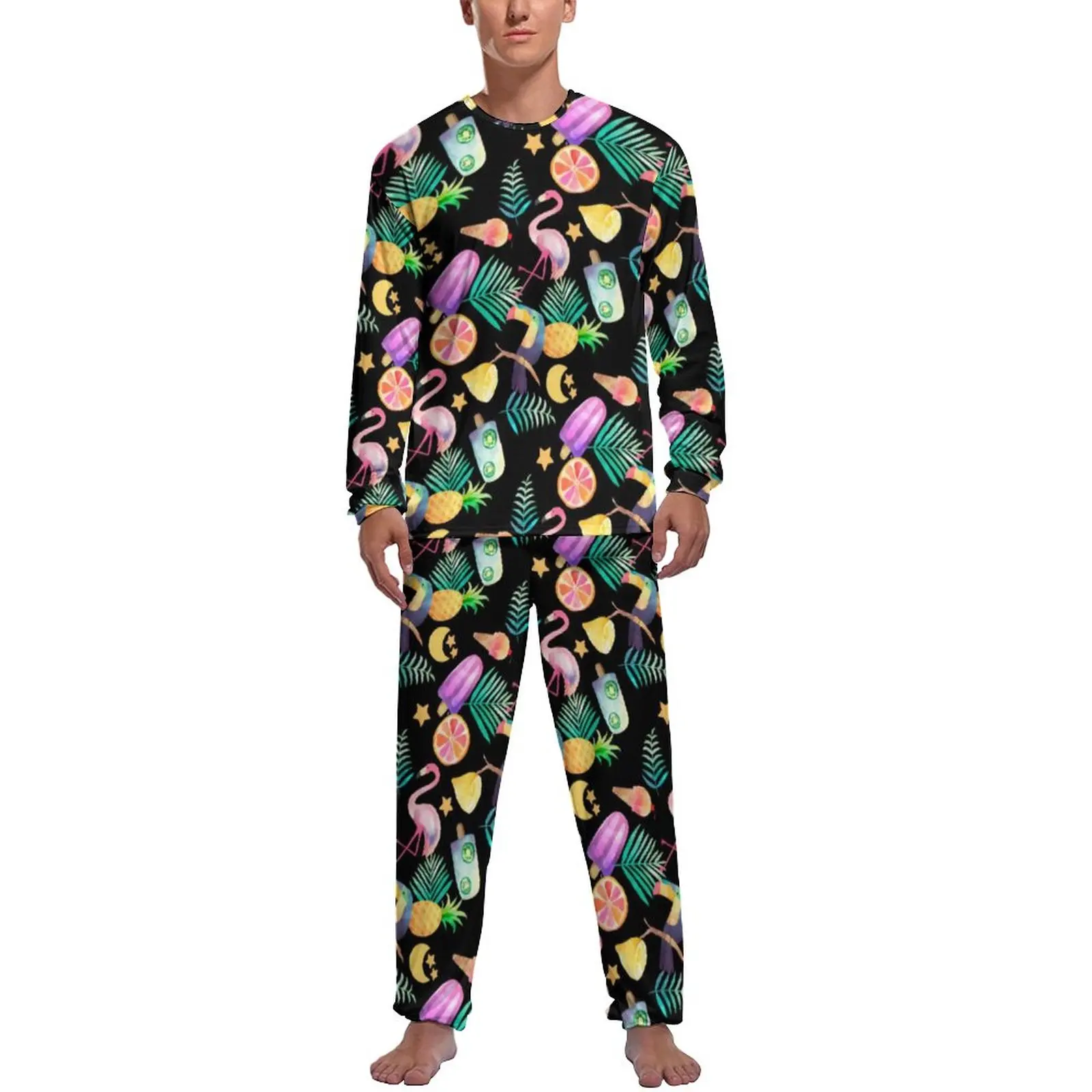 

Pink Flamingo Print Pajamas Long-Sleeve Colorful Fun Tropical 2 Pieces Aesthetic Pajama Sets Spring Mens Trendy Sleepwear