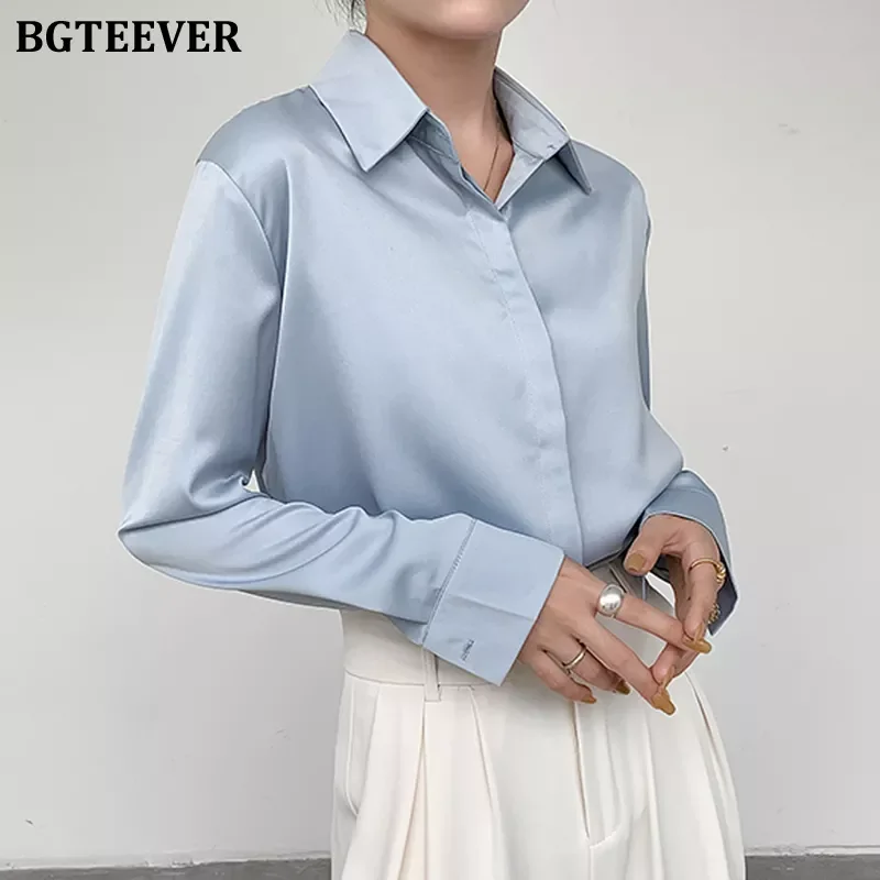 

BGTEEVER Spring Elegant Loose Women Satin Blouses Long Sleeve Single-breasted Female Shirts Tops Ladies Solid Blusas 2022