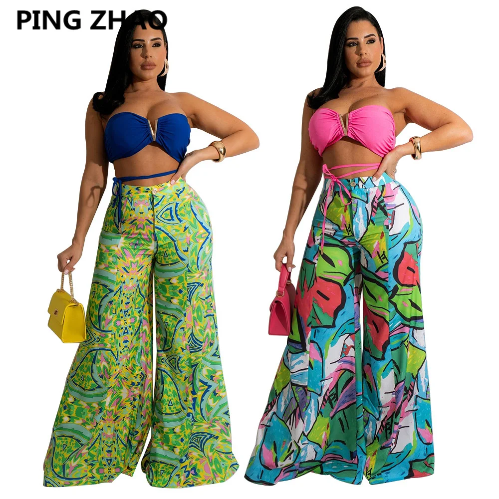 

PING ZHAO 2022 Summer Two Piece Set Women Fashion Strapless Tops Printed Wide-leg Pants Suit Sexy Club Outfits