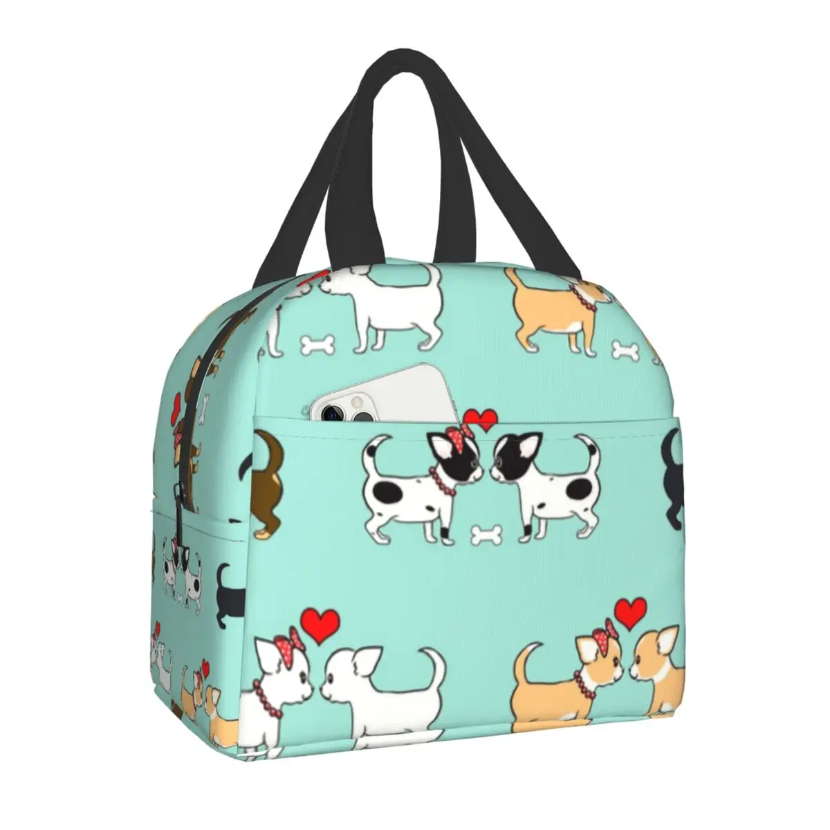 Chihuahuas Valentines Thermal Insulated Lunch Bags Women Cute Dog Puppy Portable Lunch Tote for Work School Travel Food Box