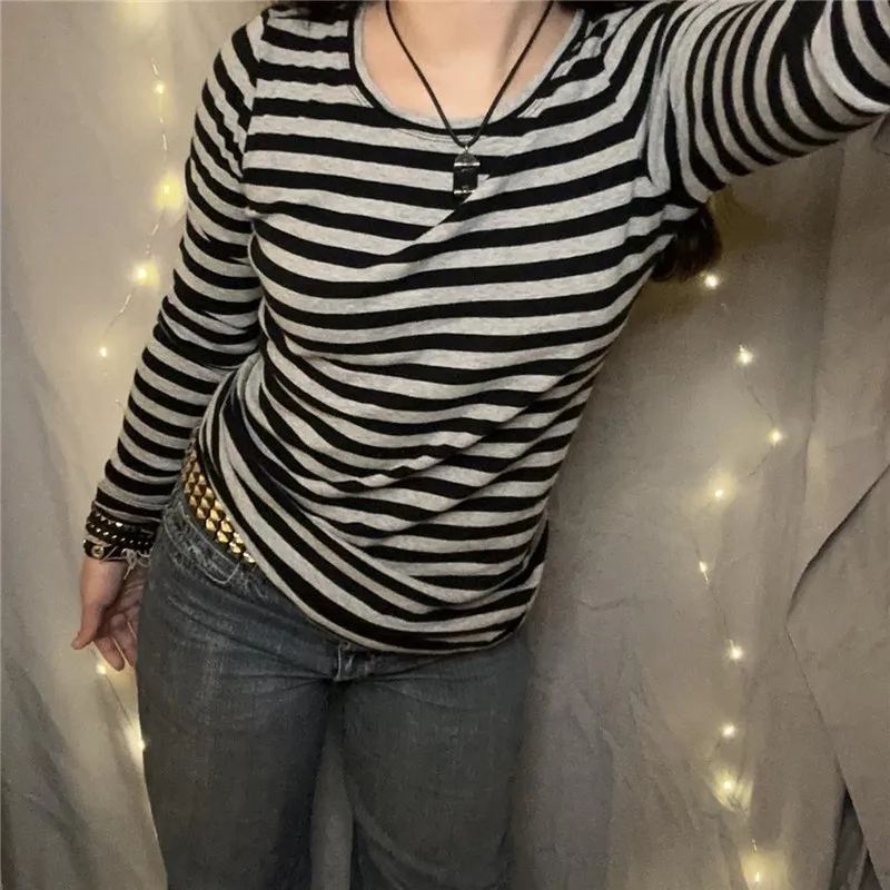 Gaono женские полосатые топы с длинными рукавами в стиле гранж винтажные цветные