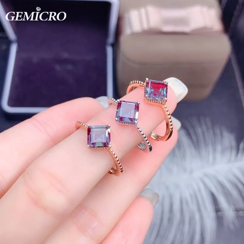 

Gemicro 6*6mm Alexandrite Gemstone Ring for Women Solid 925 Sterling Silver Ring Luxury Ring for Engagement Bridal Gift
