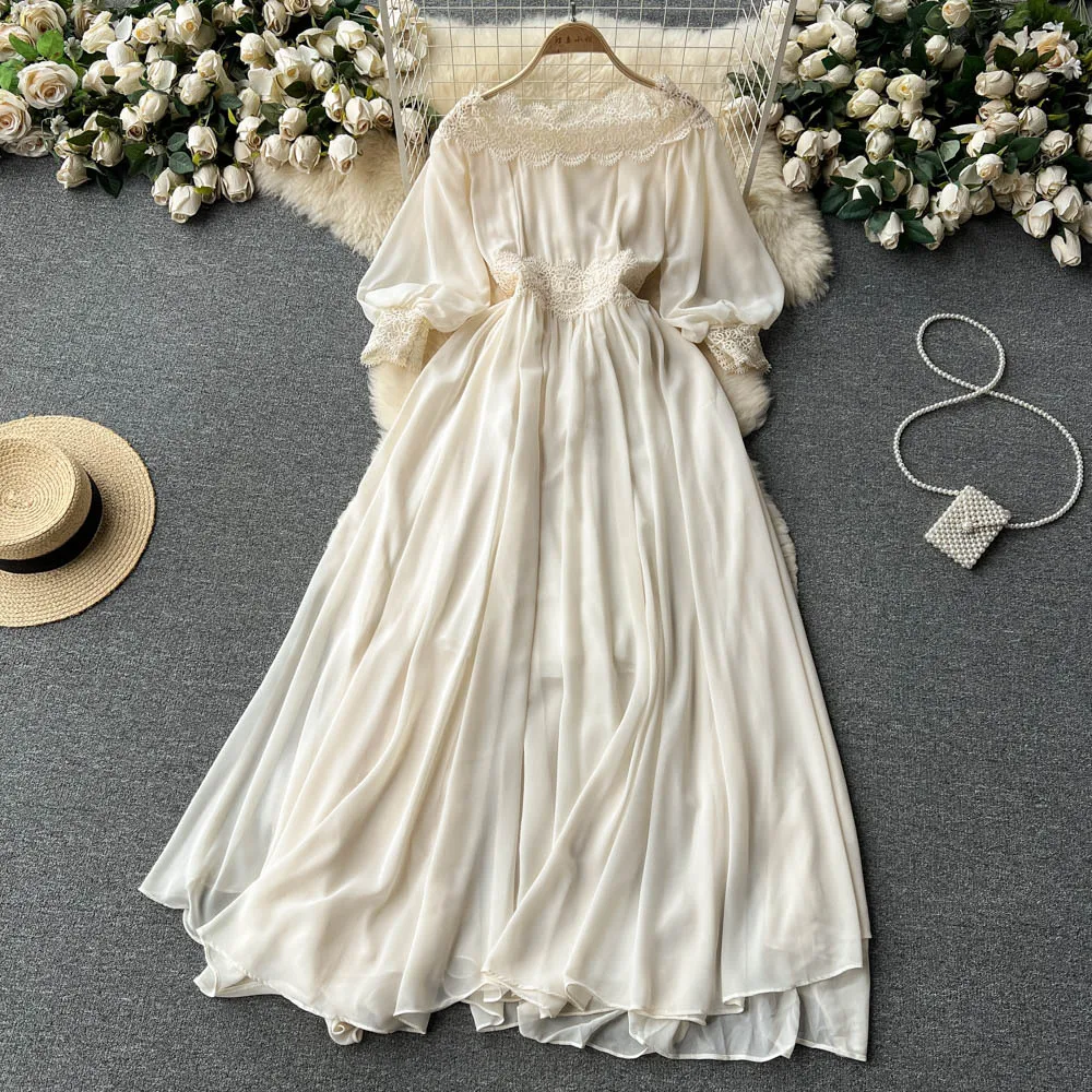 

Vintage Dress Lace Puff Sleeve Women Elegant Dresses Summer One Shoulder Vestidos Solid Color Maxi Dress Female Clothing 2023