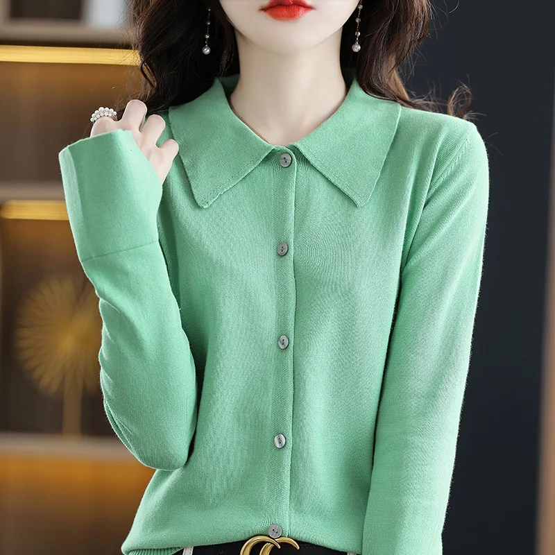 

Spring And Autumn 100% Cotton Thread Women's Cardigan Shirt Collar Exquisite POLO Collar Long Sleeve Sweater Bottom Knit Sweater