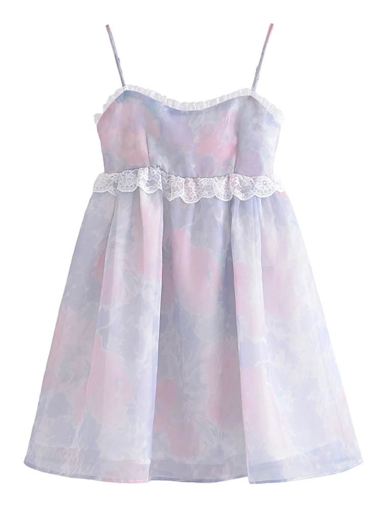 

2022 Fashion Women Sweet Lace Trim Tie Dye Organza Sling Dress Summer Female Holiday Party Mini Dresses Short Robe