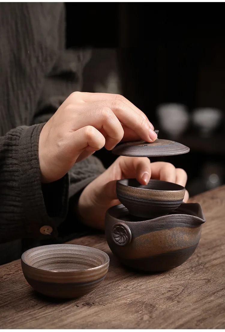 

Retro Ceramics Teaware Suit Stoneware Kiln Change Teapot Chinese Tea Ceremony Travel Portable Tea Set One Pot and Two Cups