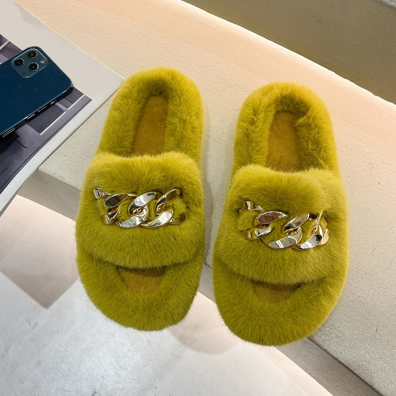 

New Furry Slippers Slippers For Home Casual Thick-Soled Flat-Bottomed Warm Plush Women'S Slippers Women Shoes