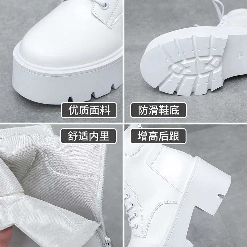 White Black PU Leather Ankle Boots Women New Autumn Winter Round Toe Lace Up Shoes Woman 2022 New Motorcycle Platform Boots