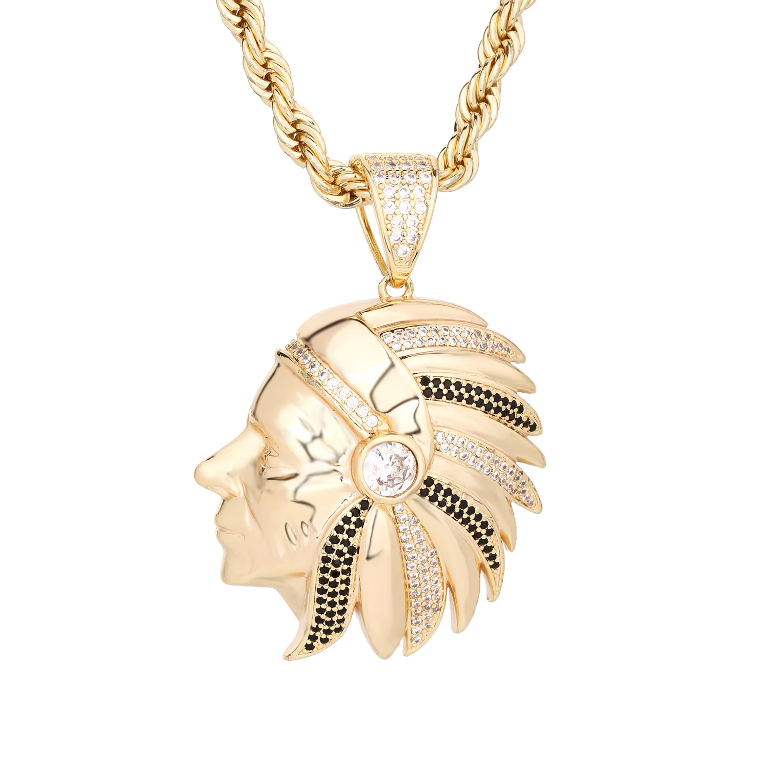

Direct Sale Indian Chief Head Shape Colgante Copper Zircon Big Hiphop Custom Vintage 18K Gold Pendant Men