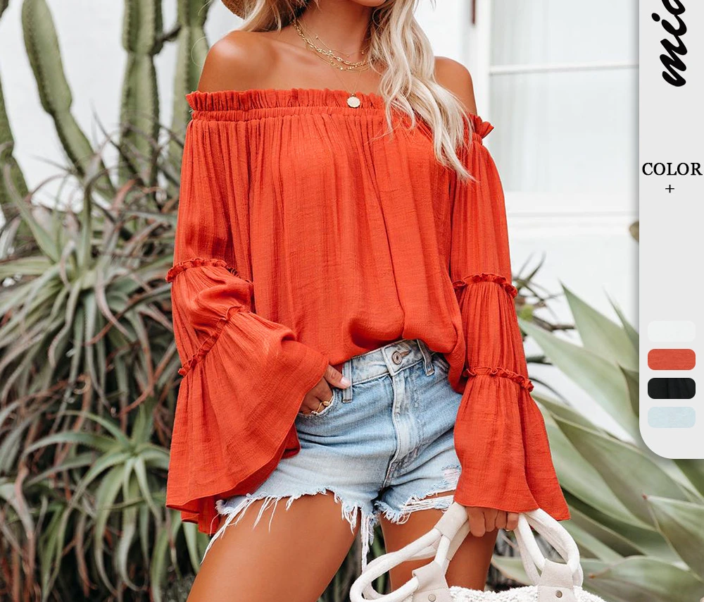 

2023 Spring/Summer Fashion One-line Neck SexyTop Loose Flare Sleeve T-shirt
