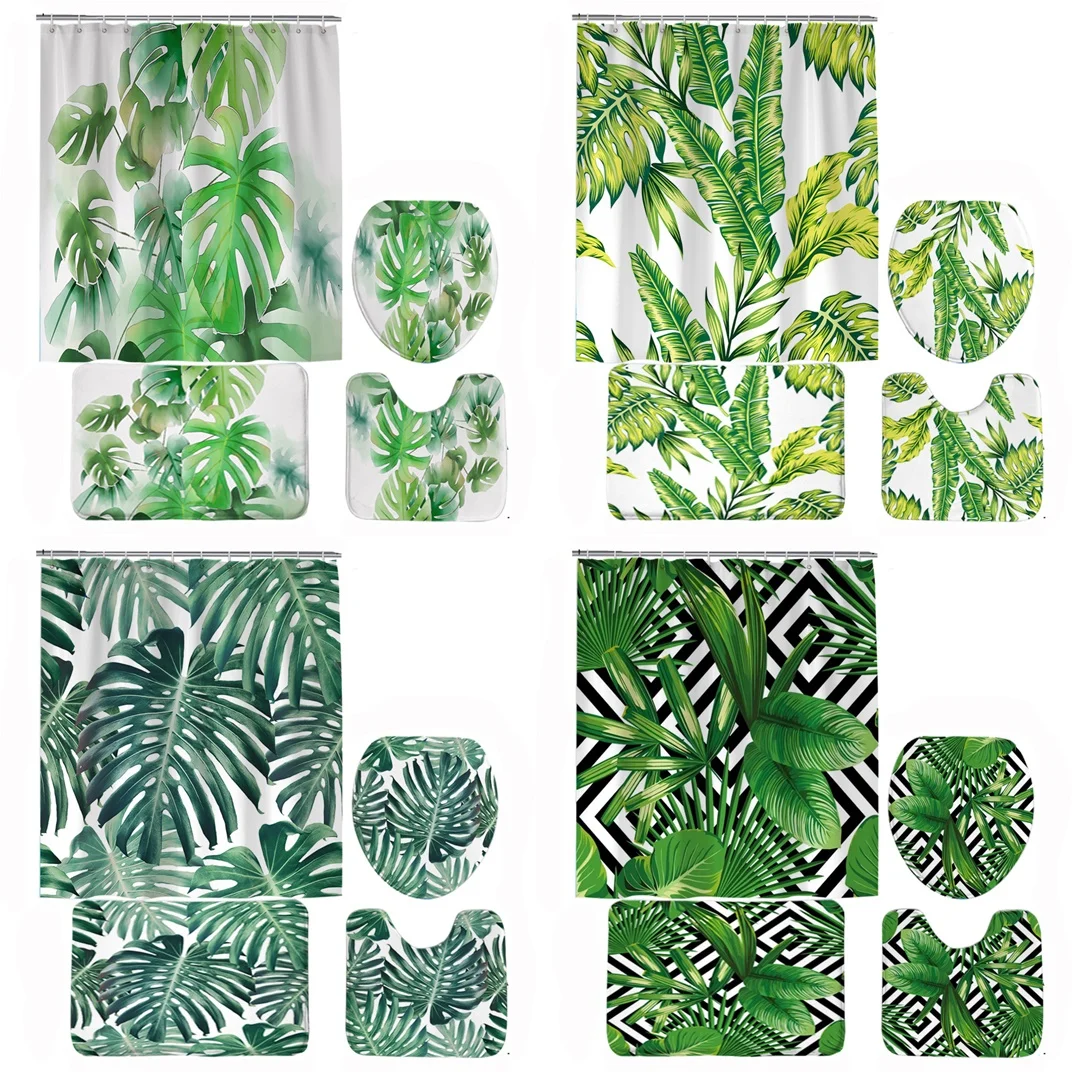 

Tropical Green Plant Leaves Shower Curtain Set Watercolor Monstera Bathroom Curtains Non-Slip Bath Mat Rug Toilet Lid Cover Home
