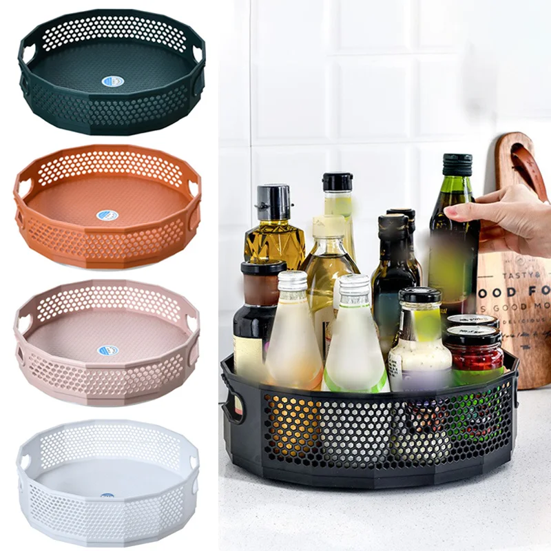 

Kitchen Storage Rack 360 Degree Rotatable Tray Rack Plastic Seasoning Pot Tray Condiment Rack Cosmetic Sorting Container