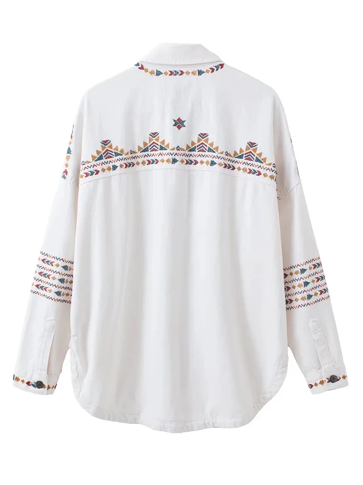 Женская джинсовая рубашка с вышивкой элегантная Свободная блузка в винтажном
