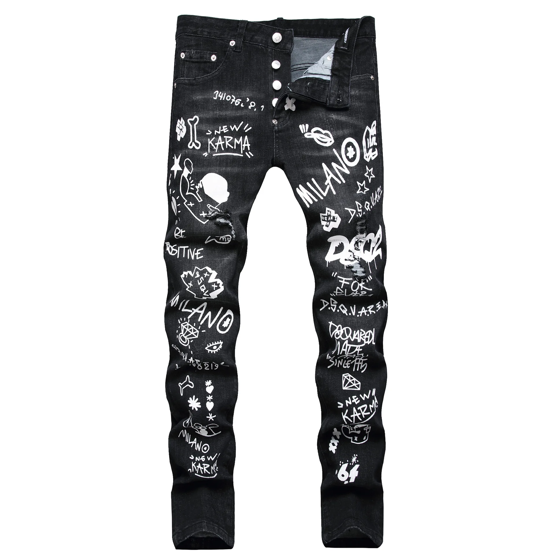 DSQUARED2 marka erkek kot moda rahat ince D2 grafiti baskılı streç kot pantolon sokak Hip Hop siyah kot pantolon