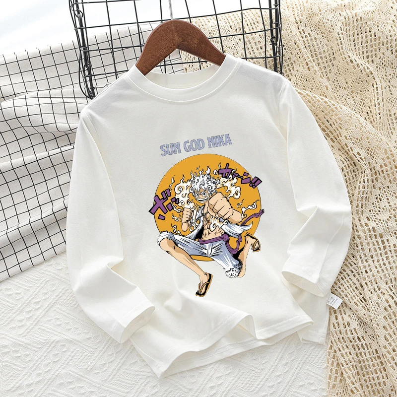 Фото Детская футболка One Piece с длинными рукавами, модная детская одежда в стиле хип-хоп, хлопковая футболка с круглым вырезом для малышей, летняя одежда с героями мультфильмов и аниме для малышей №4
