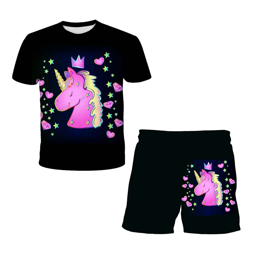 

3D Unicorn Print T-shirt Set for Kids Outfits The Latest Summer 2022 Short-Sleeved Tracksuit for Boys and Girls Suit For Teen