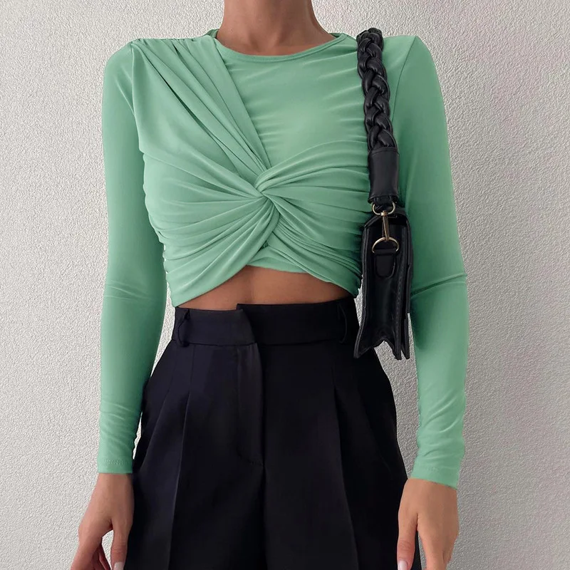 

New Women's Fashion Solid Color Long Sleeve Round Neck Twist Bottoming T-Shirt Top