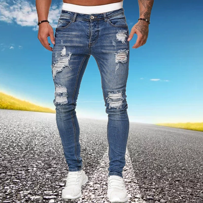 

Джинсы мужские рваные облегающие, брюки из денима с завышенными дырками, повседневные байкерские брюки-карандаш, уличная одежда, синие, 2020