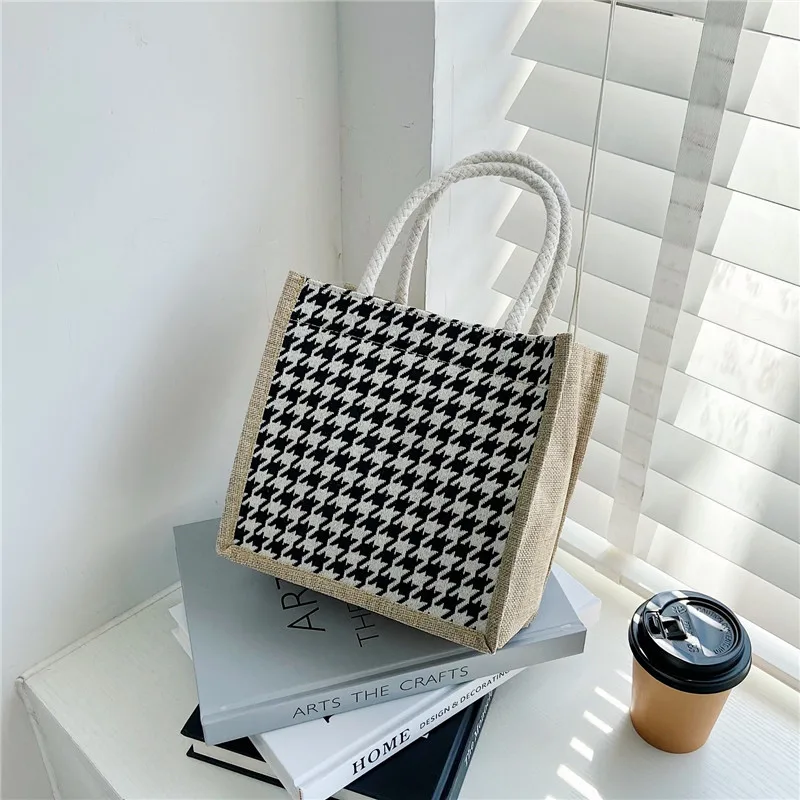 

Portable Canvas Lunch Fruit Zipper Bag Tote Simple Lattice Waterproof Food Picnic Travel Convenient Lunch Box Bags For Women