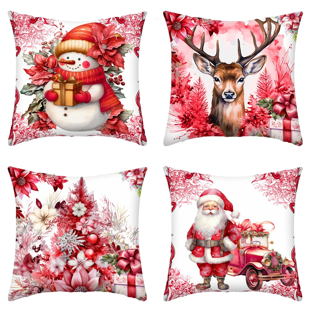 Рождественское украшение для дома наволочка Санта-Клаус снеговик палевый принт