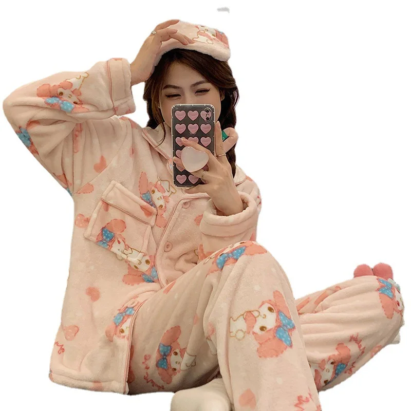 

Kawaii Sanrio series Kuromi My Melody Anime Japanese cartoon Coral fleece Keep warm Pajamas Home service Christmas birthday gift