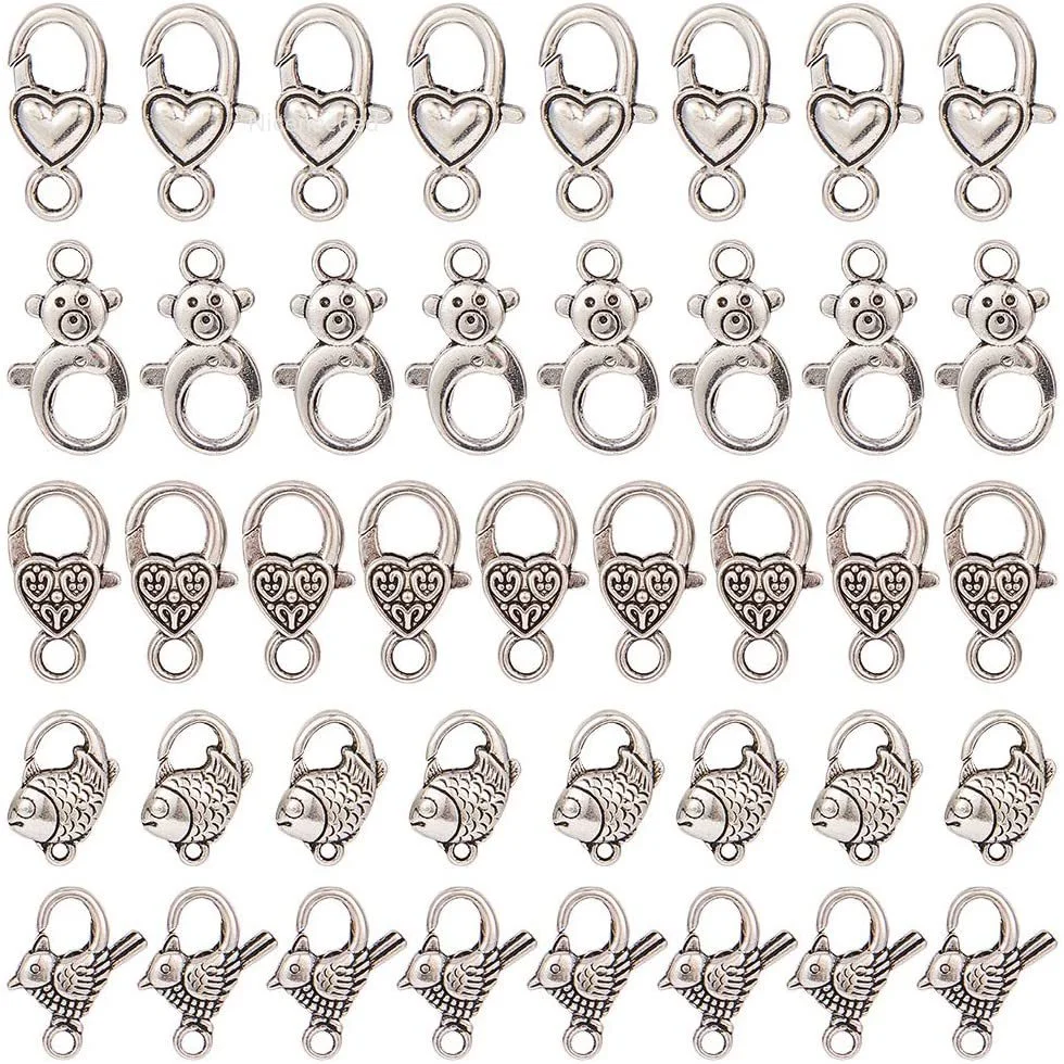 

1 Box 40pcs 5 Style Tibetan Style Alloy Large Lobster Claw Clasps Cord End Lead & Nickel & Cadmium Free Heart Bear Bird Fish