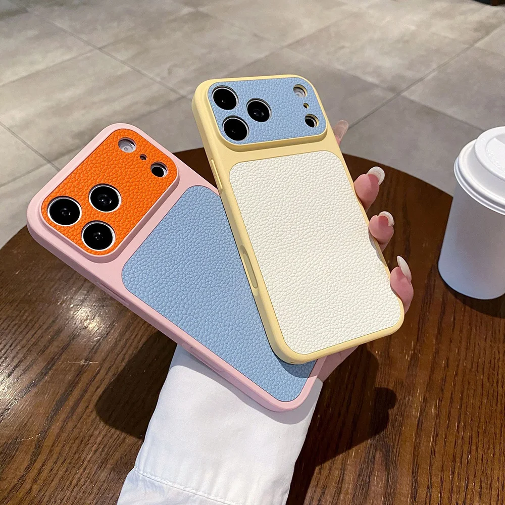 Фото Новый креативный цветной чехол из искусственной кожи PU Lichi для iPhone 17 Pro, Funda для iPhone 11, 12, 13, 14, 15, 16 Pro Max, с большим окном, полностью закрывающий корпус №5