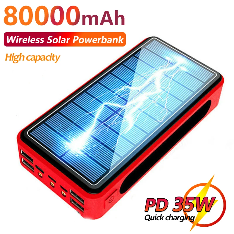 

80000mAh Power Bank Wireless Solar Battery Charging Panel With 4USB Output Port Large-capacity Charger for Samsung IPhone Xiaomi