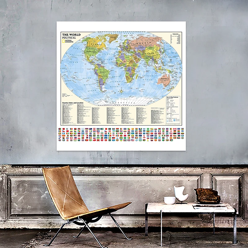 

90x90cm The World Map with National Flags Non-woven Canvas painting Wall Art Poster Living Room Home Decoration School Supplies