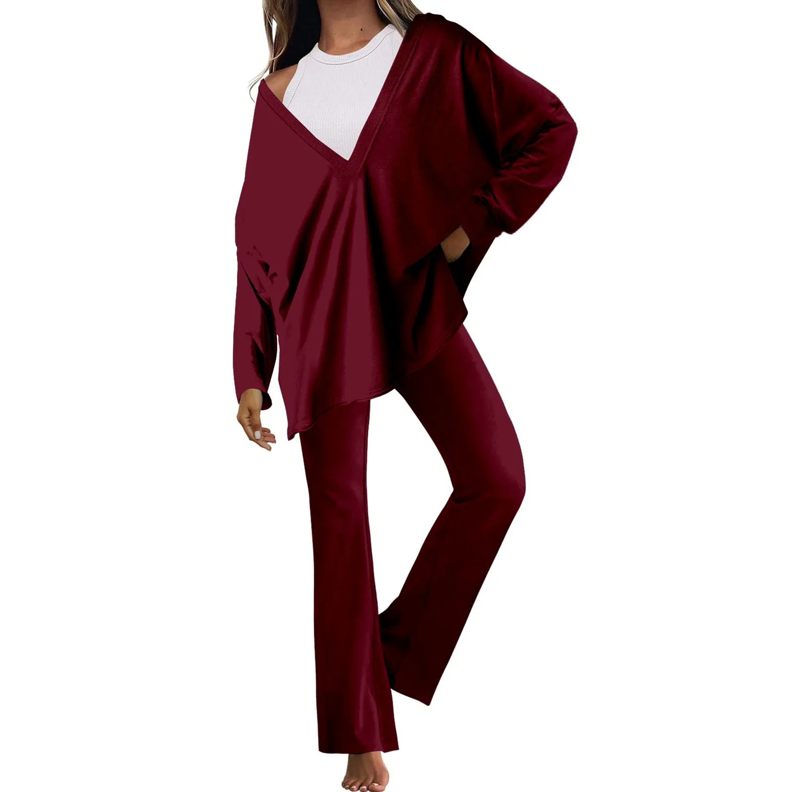 

Женский Повседневный костюм из двух предметов, рубашка с V-образным вырезом и брюки, спортивный костюм, однотонные простые темпераментные женские брючные костюмы